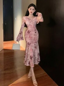 DAZY 女士夏季优雅雪纺蝴蝶印花扭曲 V 领喇叭袖美人鱼礼服舞会礼服 - 粉色 - 查看 9