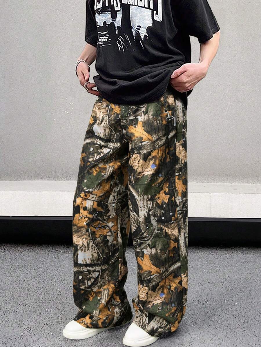 Manfinity EMRG 男士休閒直腳褲，印有葉子和樹枝圖案 - 彩色 - 查看 1