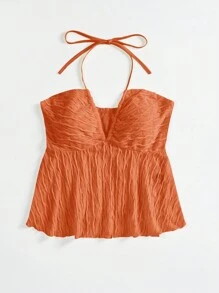 Soleia Áo không tay có cổ xếp nếp màu trơn mùa hè dành cho nữ - trái cam - Xem 3