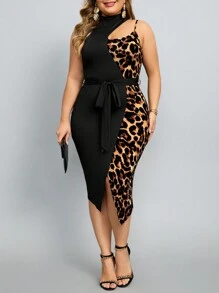 SHEIN Lady Robe moulante sans manches grande taille pour femmes en été, imprimé léopard à patchwork et coupe échancrée