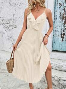 SHEIN Clasi Kỳ nghỉ Giải trí Váy xếp li Ruffle Hem màu rắn Váy dây đeo Spaghetti - Rượu sâm banh - Xem 4