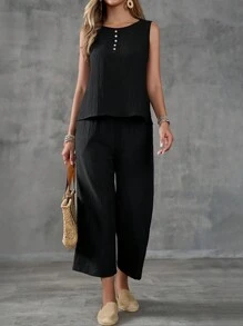 EMERY ROSE Women Solid Front Button Sleeveless Simple Top And Pants Casual Set - Black - View 5