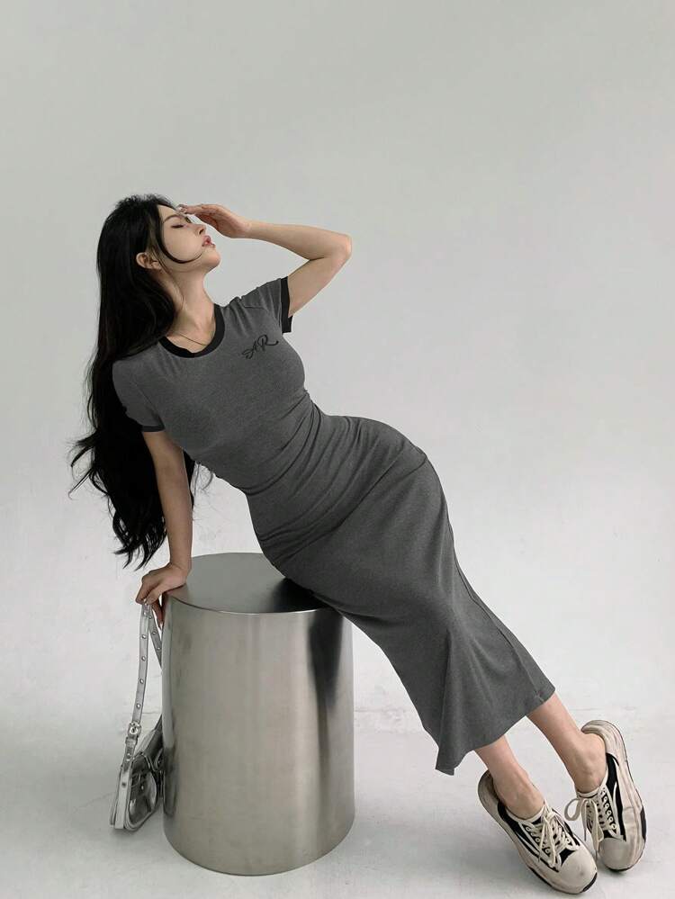 Color-Block Short Sleeve A-Line Dress With Contrast Trim Summer Sundress,Casual Women Dresses