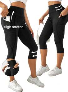 SHEIN Essnce Vrouwen Hoge taille Capri Leggings Met Zakken , Buik controle , Niet-transparant , Training & Yoga Broek