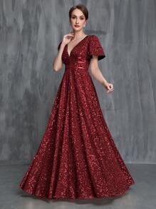 Vestido de fiesta para mujer con escote pronunciado en V, manga de mariposa y lentejuelas - Burdeos - Ver 1