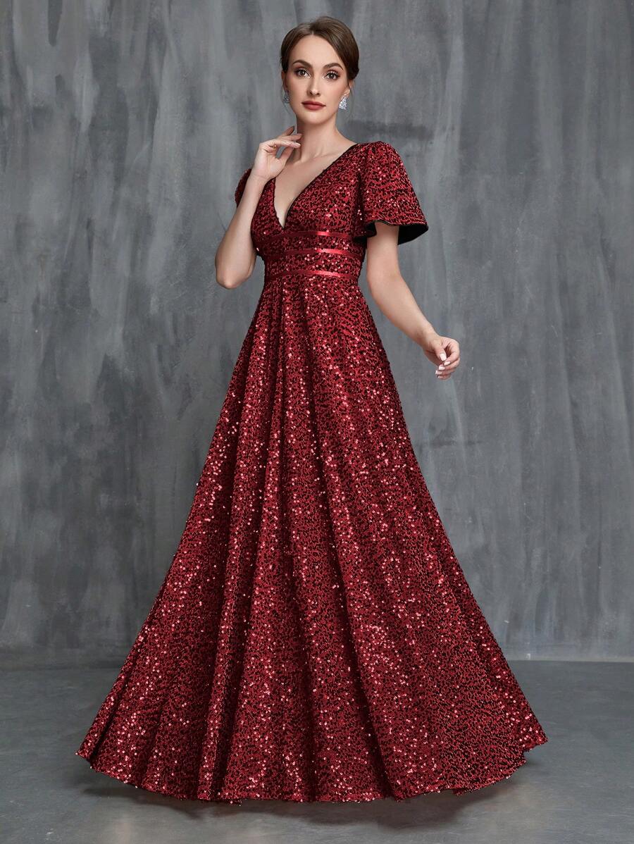 Vestido de fiesta para mujer con escote pronunciado en V, manga de mariposa y lentejuelas - Burdeos - Ver 1