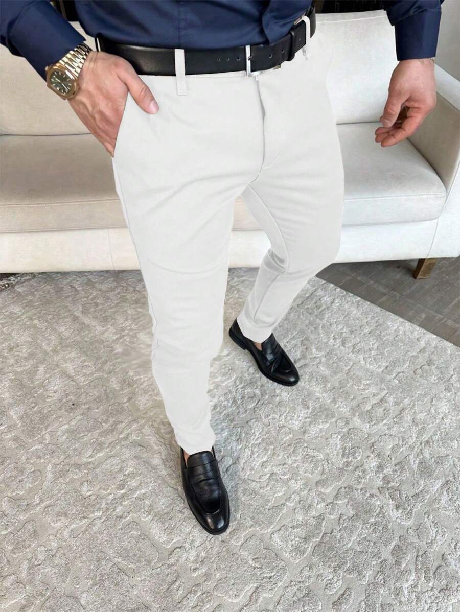 Calvornis Solid Color Business Style Suit Trousers With Pockets - Beige - View 1