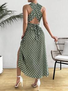 SHEIN LUNE Women's Summer Pleated Polka Dot Printed Criss Cross Halter Dress