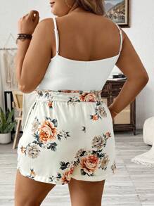 SHEIN LUNE Bộ quần short thắt lưng in hoa và áo bodycon cami có đính nút, Plus Size 2 cái/bộ - Nhiều màu - Xem 3