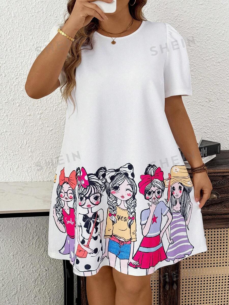SHEIN LUNE Vestido suelto de talla grande para niñas con lindo estampado y manga abullonada con cuello redondo