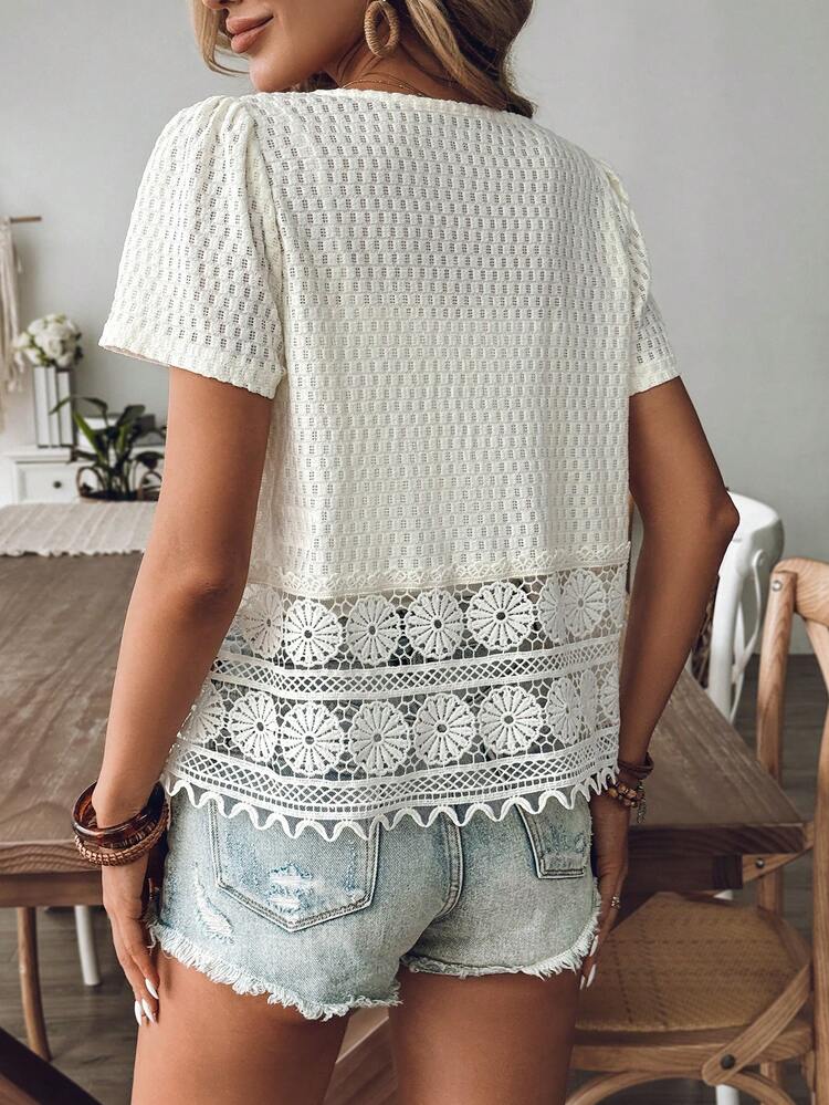 Apricot Patchwork Lace Cardigan Smock, Loose And Comfortable, Suitable For Daily, Outing, Holiday Wear Summer Casual