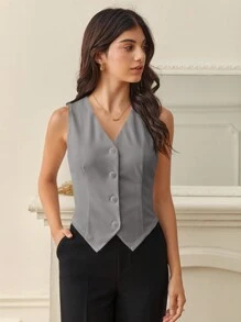 SHEIN Tall Ladies' Solid Color Sleeveless Blazer With Single Breasted, Everyday Wear