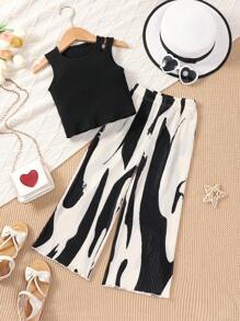 SHEIN Young Girl Fashionable Classic Black And White Vest And Wide Leg Pants Set