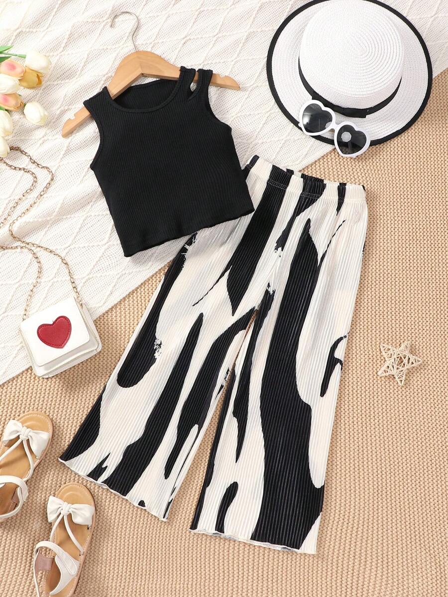 SHEIN Young Girl Fashionable Classic Black And White Vest And Wide Leg Pants Set