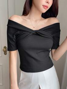 DAZY Women's Summer Solid Color Off Shoulder Twist Short Sleeve T-Shirt For Chest,Crop Tops Women Going Out Tops Women - Black - View 6
