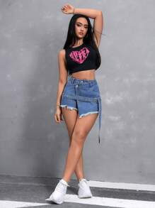 SHEIN EZwear 女式時尚心形印花無袖牛仔短褲 - 藍色 - 查看 1