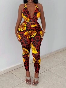 Slaydiva Vacation Summer Tropical Printed Halter Backless Crop Top  And Tropical Printed Leggings Set - Multicolor - View 3