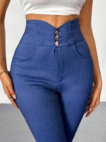 SHEIN Privé Women's Daily Elegant Basic Simple High-Waisted Skinny Jeans With Denim Effect Pockets And Button Detail