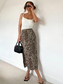 SHEIN Essnce 女性2件套裝：細肩帶加墊胸內衣背心和豹紋高腰分裙，適用於春夏 - 棕色 - 查看 4