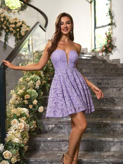 ANGEL FASHIONS Strapless V-Neck A-Line Sequins Contrast Lace Evening Dress