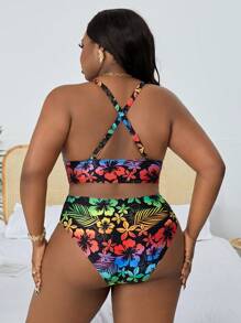 Slaydiva 夏季沙灘大碼女士熱帶植物印花領背心式胸衣和比基尼下擺套裝