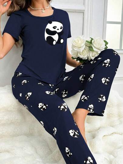 Women's Simple Panda Printed Short Sleeve And Long Pants Pajama Set