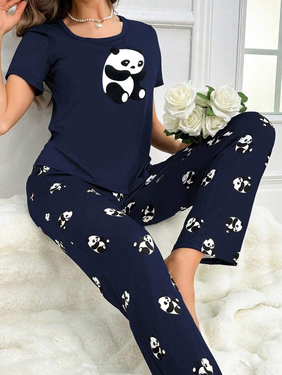 Women's Simple Panda Printed Short Sleeve And Long Pants Pajama Set - Navy Blue - View 1