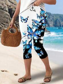 SHEIN LUNE 大尺碼多彩狗爪印花高腰彈性七分褲 - 黑色 - 查看 3