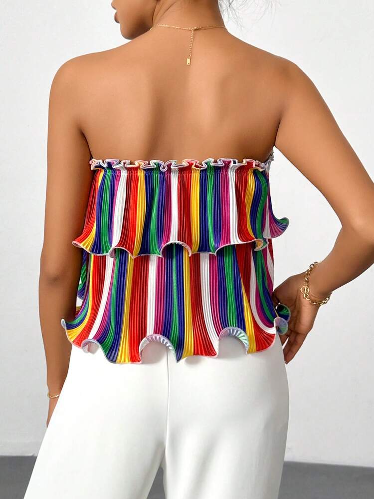 Women's Summer Design Pattern Printed Pleated Double-Layered Strapless Top With Ruffles