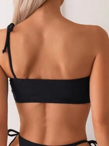 SHEIN Swim 女士纯色单肩比基尼套装，配有性感肩带，适合夏季海滩度假 - 黑色 - 查看 4