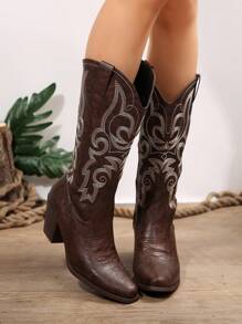 肯德尔风格刺绣高跟靴，2024年新款欧美风格粗跟高筒牛仔及膝靴，女款，西部风格 - 咖啡棕 - 查看 8