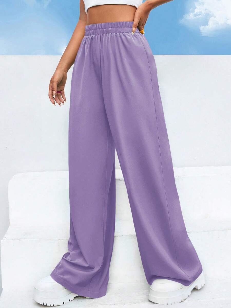 EURMUSE Solid Elastic Waist Straight Leg Pants - Lilac Purple - View 1