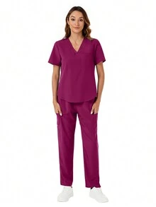 Scrub Uniforms Nurse Set With V-Neck Top & Straight Leg Pants - Red Violet - View 4