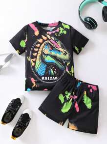 SHEIN Conjunto De 2 Piezas Para Niños, Camiseta Luminosa Corta De Color Brillante De Manga Corta Para El Verano - Negro - Ver 3