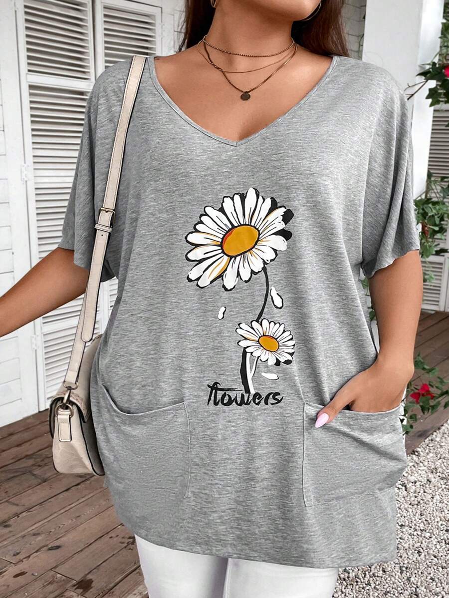 SHEIN CURVE+ Áo thun dài tay in họa tiết hoa cúc cỡ lớn có túi - Màu Xám nhạt - Xem 1