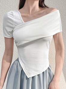 Mulvari Women's Summer Solid Color Asymmetrical Collar Short Sleeve Casual T-Shirt