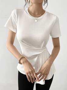 Mulvari T-shirt décontracté pour femme d'été col rond à manches courtes avec lien à la taille couleur unie - Blanc - Voir 4