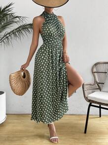 SHEIN LUNE Women's Summer Pleated Polka Dot Printed Criss Cross Halter Dress