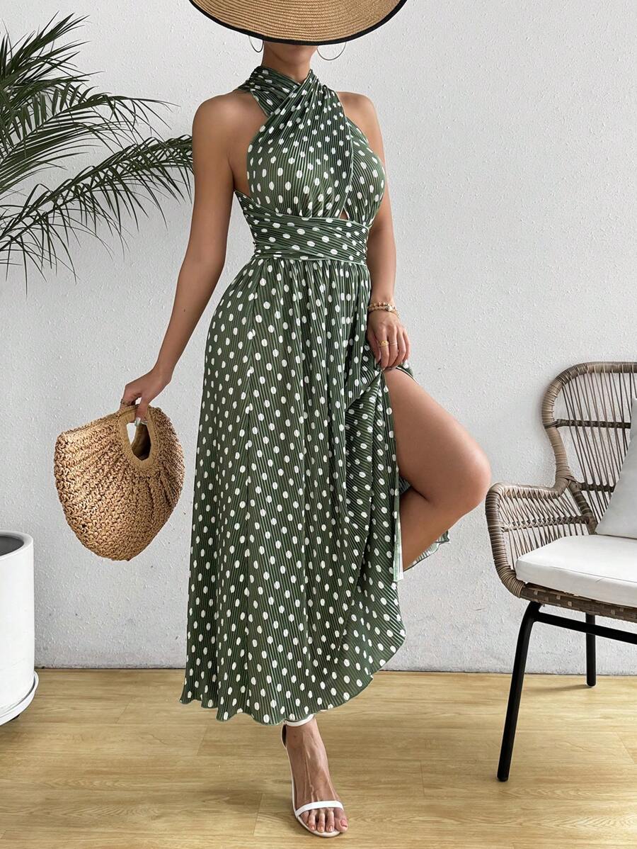 SHEIN LUNE Women's Summer Pleated Polka Dot Printed Criss Cross Halter Dress