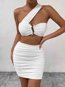 Zolique Slim Fit Ruched Skirt Set With Asymmetrical One Shoulder Ultra Crop Top - White - View 5