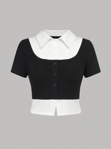SHEIN Teen Girl Knitted Color Block Half Placket Collared Casual T-Shirt - Black and White - View 1
