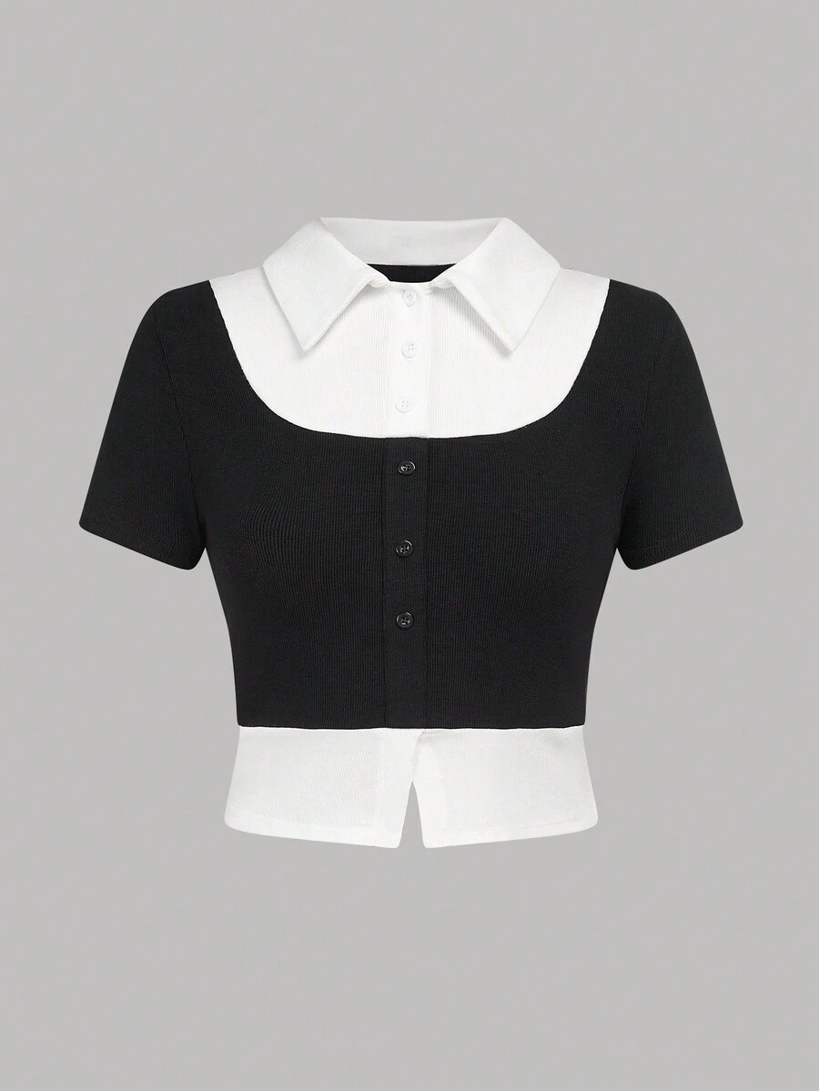 SHEIN Teen Girl Knitted Color Block Half Placket Collared Casual T-Shirt - Black and White - View 1