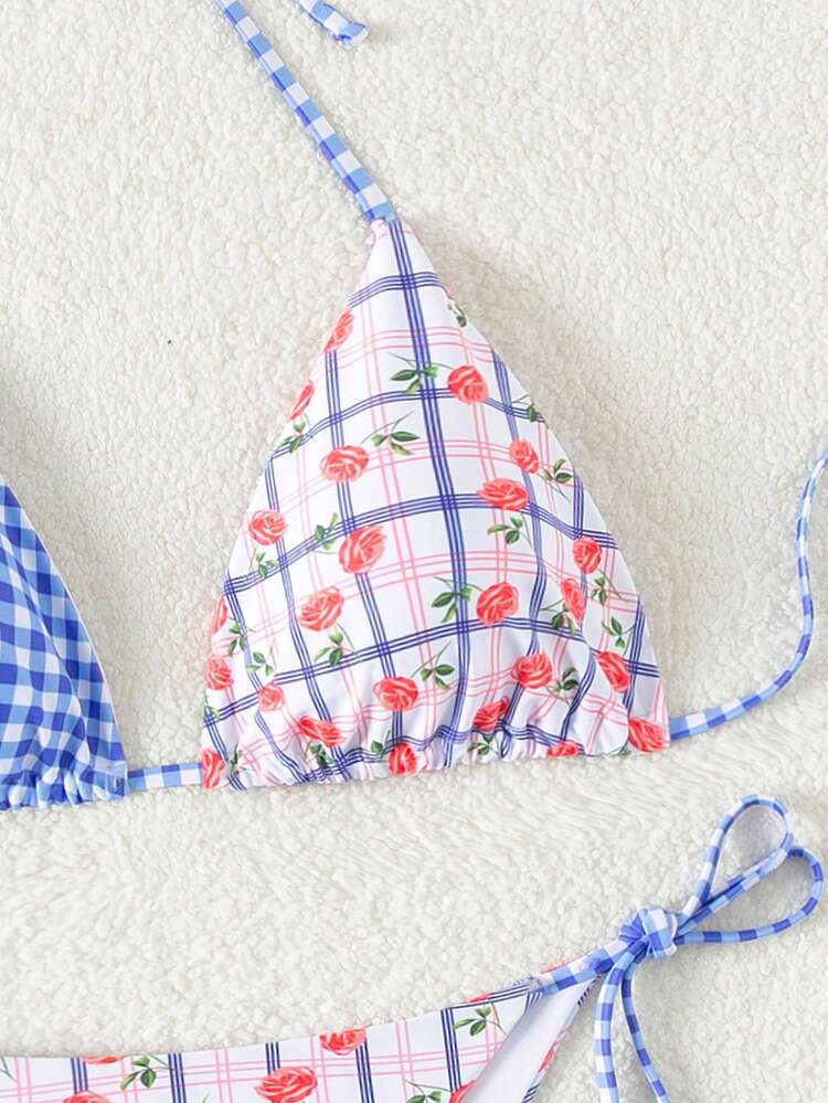 Women's Beach Vacation Checkered Floral Bikini Set,Summer Beach