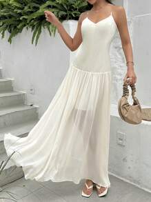 SHEIN Essnce Vestido de gasa plisado con tirantes de espagueti para citas o bodas de primavera/verano