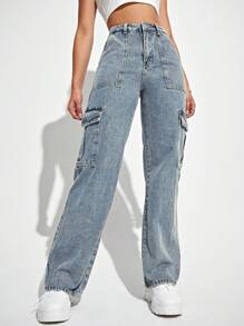 SHEIN EZwear 女士時尚休閒牛仔褲，口袋設計 - 淺色水洗藍 - 查看 4