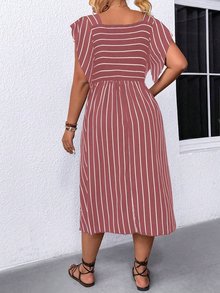 Plus Size Striped Colorblock Ruffle Hem Vacation Casual Dress