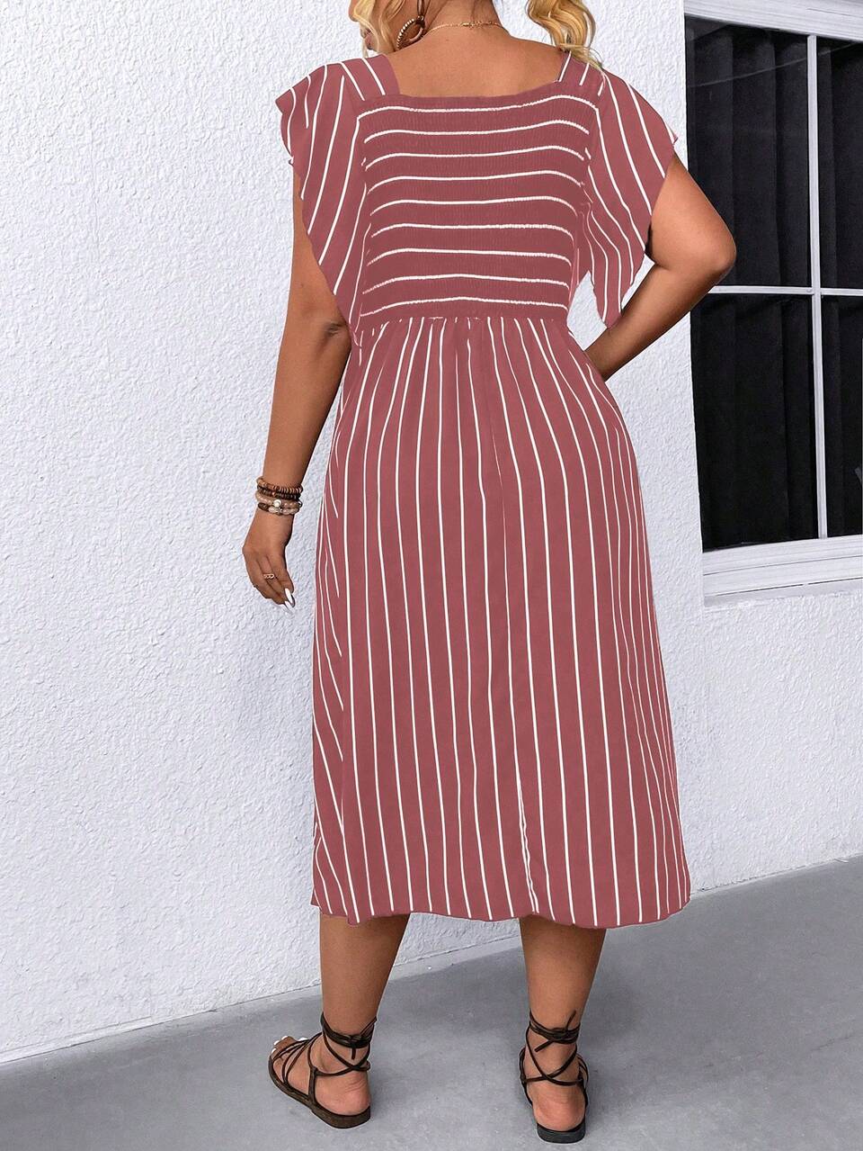 Plus Size Striped Colorblock Ruffle Hem Vacation Casual Dress