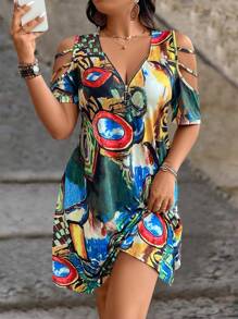 SHEIN LUNE 大尺碼印花深V領拉鍊開肩夏裝洋裝 - 彩色 - 查看 6