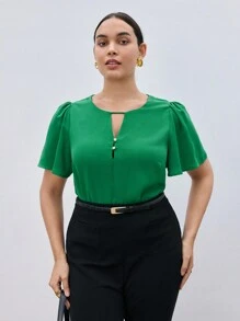 BizChic Áo sơ mi xanh lá cây thường ngày dáng rộng, cổ khoét sâu, tay bèo nhún cỡ lớn dành cho nữ mùa hè - màu xanh lá - Xem 2