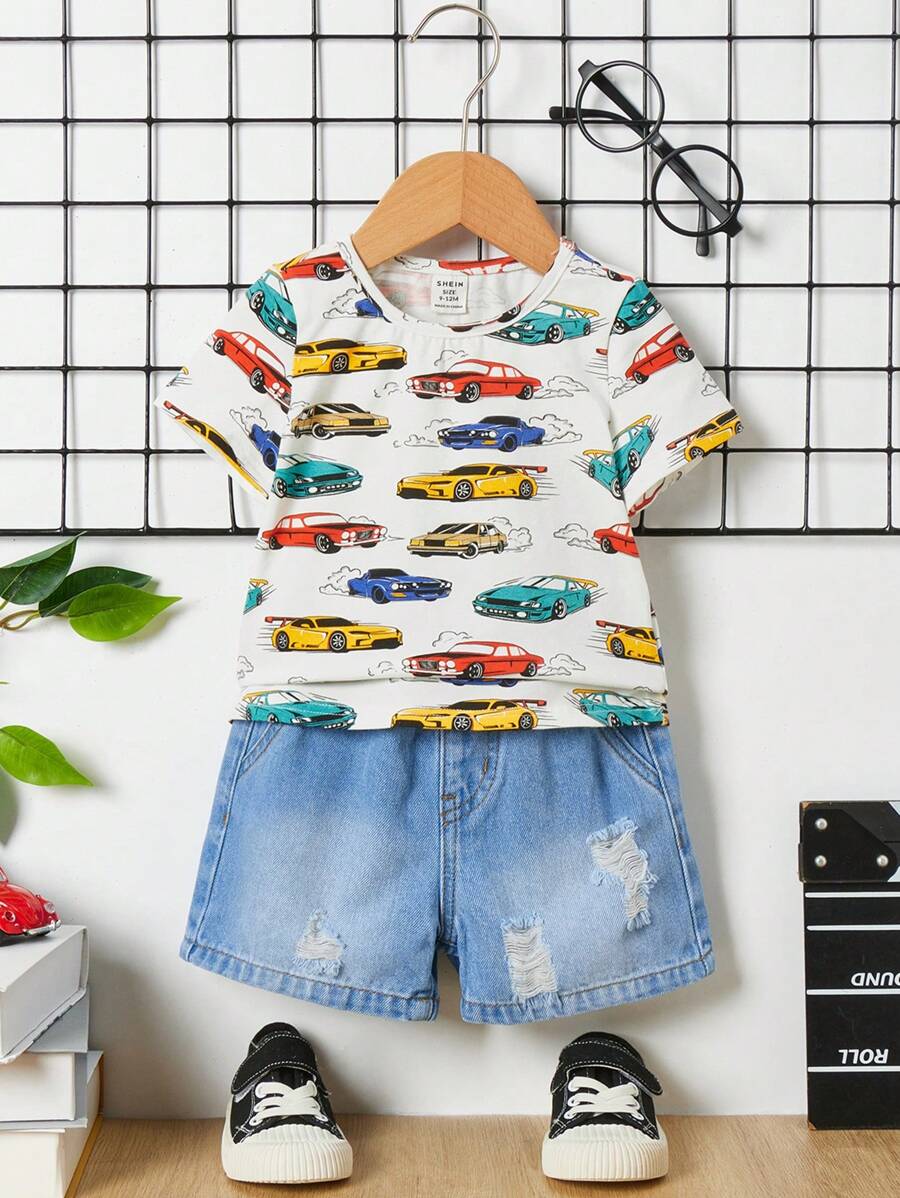 SHEIN Baby Boy 2pcs Casual Car Pattern Short Sleeve T-Shirt And Sports Ripped Jeans Shorts Set For Summer Outfits - Multicolor - View 1